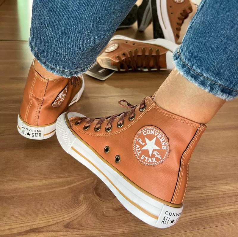Tênis All Star Cano Alto Courino Caramelo Feminino Premium - Loja Menina Maluca