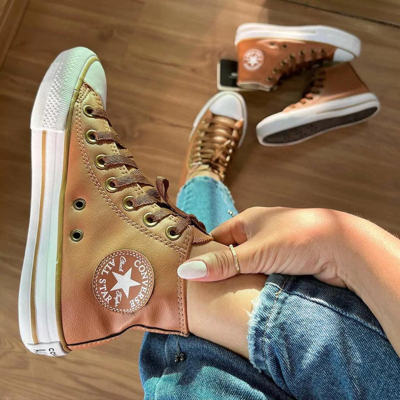 Tênis All Star Cano Alto Courino Caramelo Feminino Premium - Loja Menina Maluca