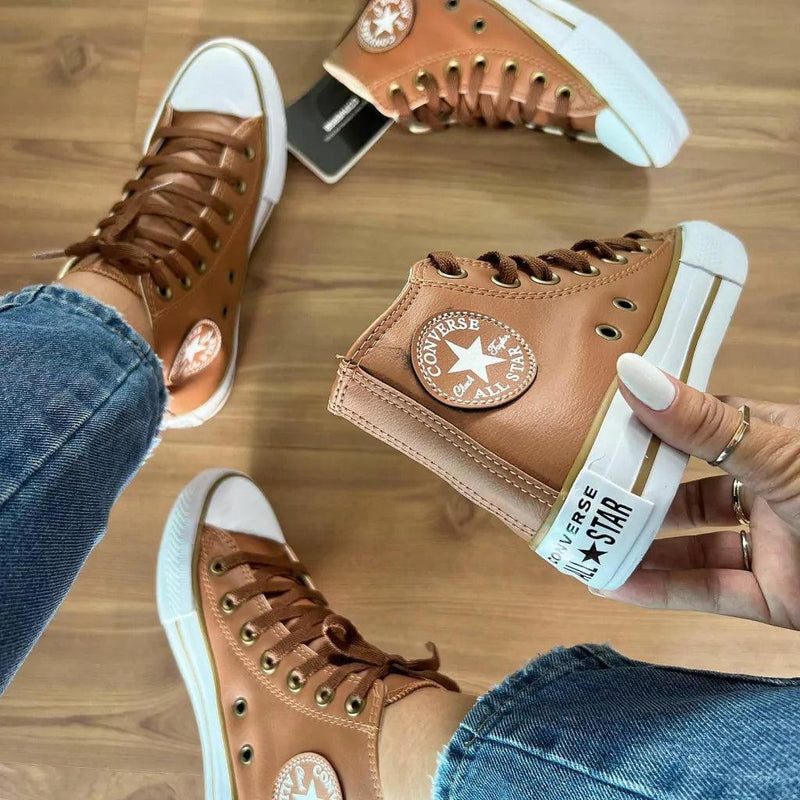 Tênis All Star Cano Alto Courino Caramelo Feminino Premium - Loja Menina Maluca