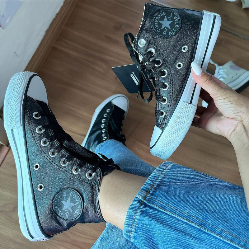 Tenis All Star Preto Brilho Cano Alto Feminino Premium - Loja Menina Maluca