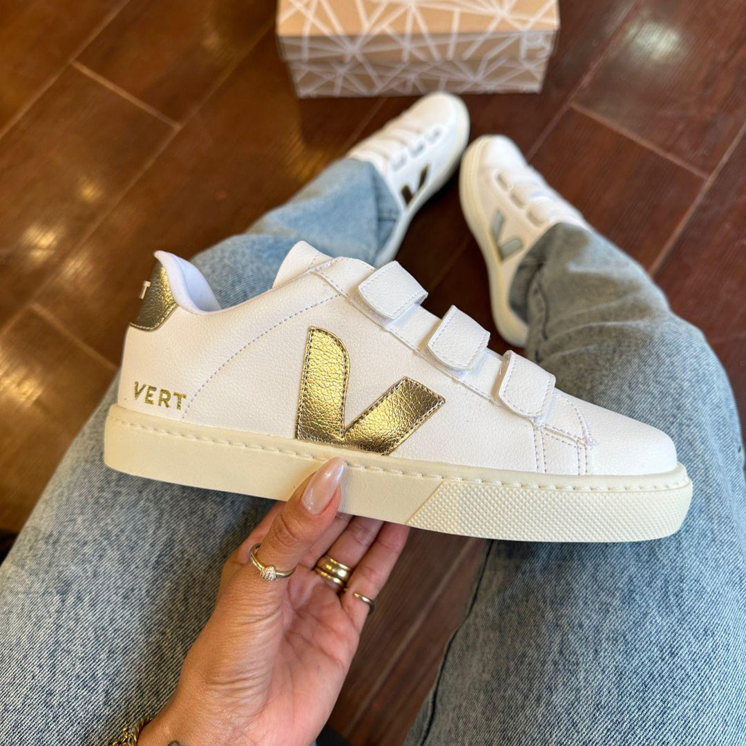 Tênis Vert Velcro Branco e Dourado Premium - Loja Menina Maluca