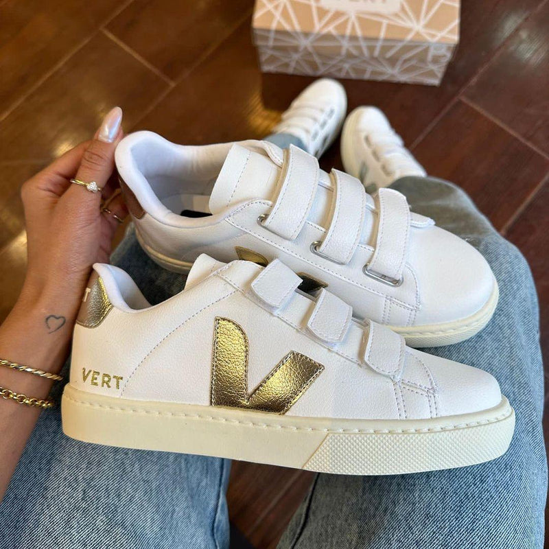 Tênis Vert Velcro Branco e Dourado Premium - Loja Menina Maluca